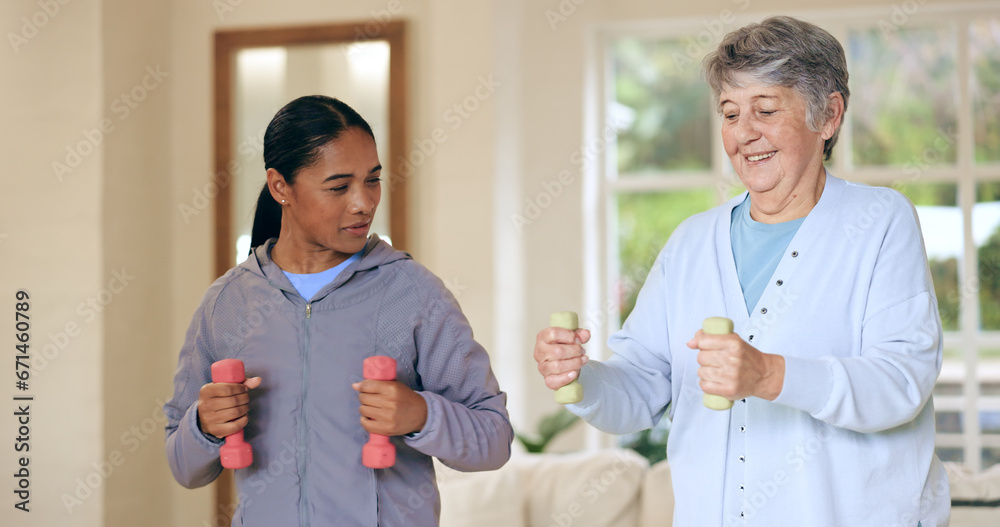 Poster Dumbbell weights, physiotherapy and an old woman with a caregiver in a nursing home for training. Health, fitness or exercise with a senior patient and person in a living room for physical therapy