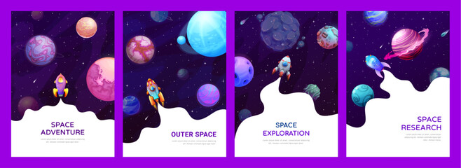 Space posters and flyers. Galaxy landscape, rocket spaceship launch and space planets or stars. Vector interstellar exploring cards with shuttle takeoff. Universe cosmic travel, astronomy science