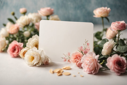 Blank greeting card on background of fresh roses.