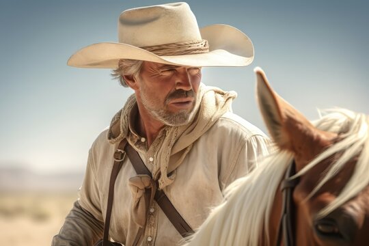Cowboy white hat ride horse. Masculine fashion wild west man. Generate Ai