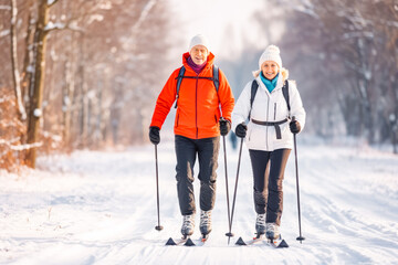 Older caucasian couple moving in sync while cross country skiing in winter idyllic, sport activity in winter, spending quality time together - obrazy, fototapety, plakaty