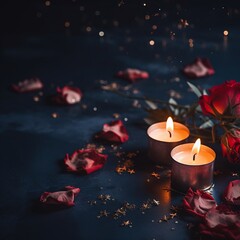 Candele profumate con petali su sfondo nero, romanticismo, pace e serenità