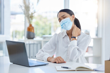 Covid business woman, neck pain and stress injury at office desk in startup. Sad, sick and tired face mask employee burnout, joint pain problem and body posture, corona virus health risk and anxiety - obrazy, fototapety, plakaty