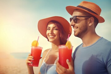 Happy couple enjoying beach refreshing cocktails. Party love person holiday drink. Generate Ai