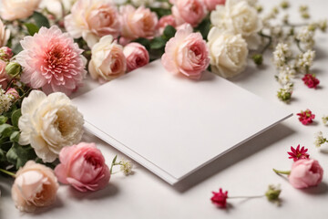 Blank square white greeting card lies among fresh, delicate flowers.