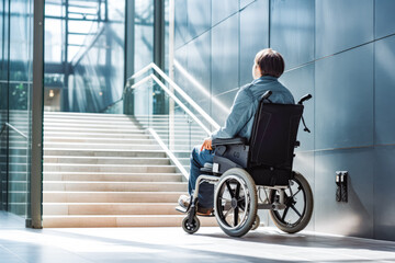 Older man with disability on electric wheelchair at his modern home, elderly man having problem with walking and using wheelchair