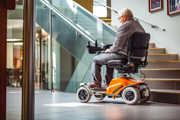 Older man with disability on electric wheelchair at his modern home, elderly man having problem with walking and using wheelchair