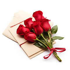 red roses and a love note isolated on transparent or white background, png