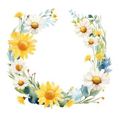 Circle frame of watercolor daisy flowers and leaves on white background.