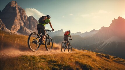 Cycling couple riding mountain trail. Outdoor sports activity. - obrazy, fototapety, plakaty
