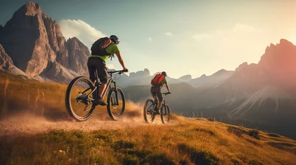 Poster Cycling couple riding mountain trail. Outdoor sports activity. © Mas