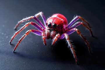 Close-up of a hairy spider in neon red and purple lights on a black background.