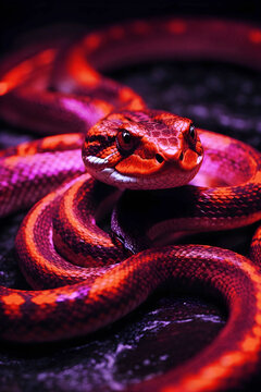 Close-up of a snake with neon pink and red lights on a black background.