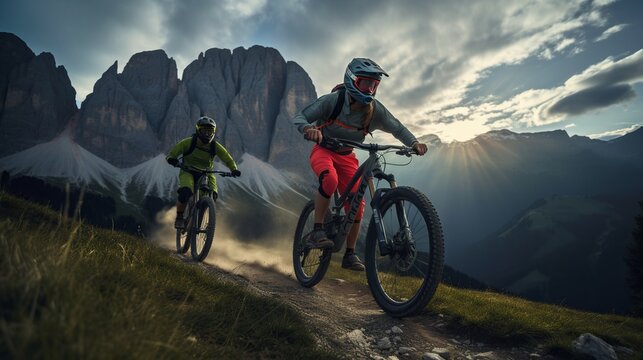 Cycling couple riding mountain trail. Outdoor sports activity.