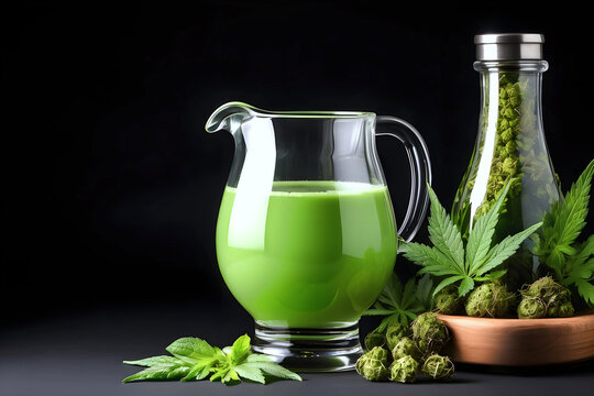 cannabis juice in a glass jug on a black background with green leaves.