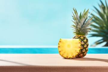 Refreshing pineapple fruit slice on a poolside table with a pastel background. The poolside scene creates an inviting atmosphere with room for text. Generative AI - obrazy, fototapety, plakaty