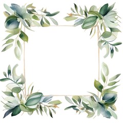 square frame of watercolor tropical green leaves on white background - obrazy, fototapety, plakaty