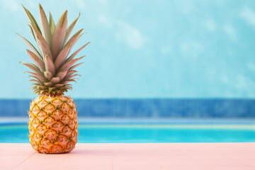 Refreshing pineapple fruit slice on a poolside table with a pastel background. The poolside scene creates an inviting atmosphere with room for text. Generative AI