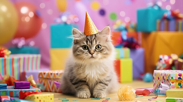 Cute cat in party hat and confetti on color background