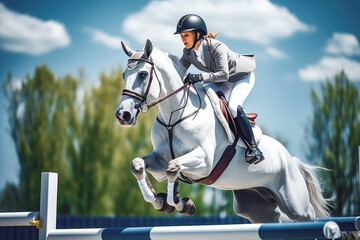 Side view of beautiful white and gray horse with a female jogger jumping over fence obstacle, training for a show jumping with horse - obrazy, fototapety, plakaty