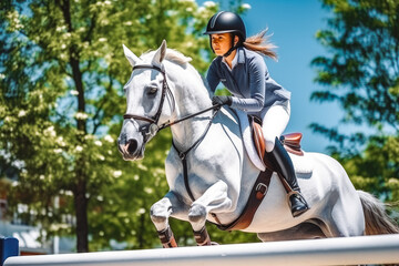 Side view of beautiful white and gray horse with a female jogger jumping over fence obstacle, training for a show jumping with horse - obrazy, fototapety, plakaty
