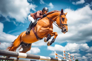 Foto auf Alu-Dibond Side view of beautiful chestnut horse with a female jogger jumping over fence obstacle, training for a show jumping with horse © VisualProduction