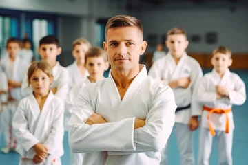 Zelfklevend Fotobehang Little kids training professional judo or jiujitsu in white kimonos on, coach training them asian martial art for beginners © VisualProduction