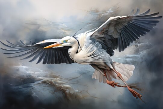 stork bird flying in stormy sky watercolor illustration