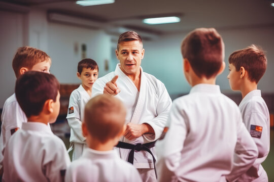 Little kids training professional judo or jiujitsu in white kimonos on, coach training them asian martial art for beginners