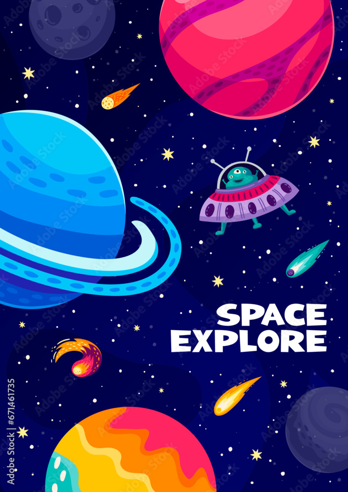 Poster cartoon space landscape poster with planets and alien ufo spaceship in galaxy, vector background. sp
