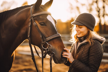 Obraz premium Beautiful young female jockey enjoying company of her brown horse at the country side, wearing helmet and ready to train