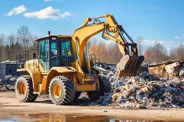 Yellow wheel loader with lifted scrap grapple moving a pile of garbage on construction site, construction work vehicle