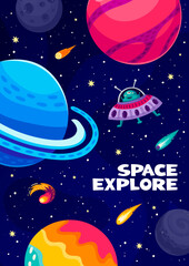 Cartoon space landscape poster with planets and alien UFO spaceship in galaxy, vector background. Space exploration and cosmic adventure for kids game or planetary discovery with alien martian