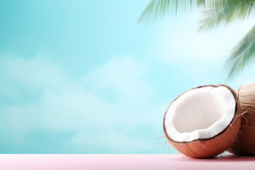 Fresh coconut slice on a sunny tropical island with pastel natural background. The exotic scene offers copy space for text placement. Generative AI - obrazy, fototapety, plakaty