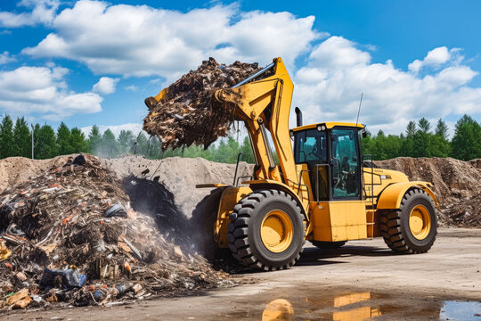 Yellow wheel loader with lifted scrap grapple moving a pile of garbage on construction site, construction work vehicle