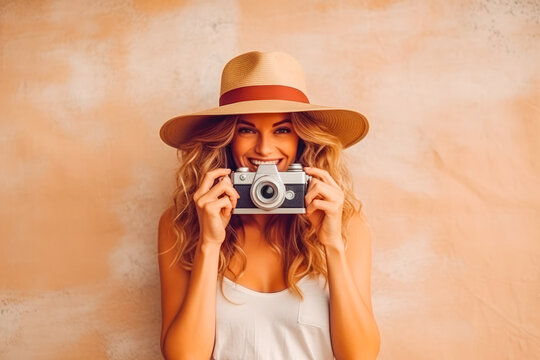 Beautiful young woman smiling and photographing with retro instant film camera, enjoying taking pictures for memories