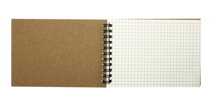 The notebook has grid lines with a looped spine on transparent background png file