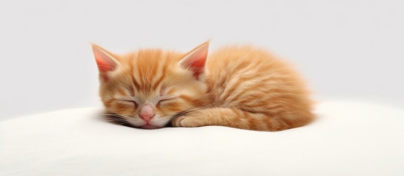 Cute little red kitten sleeps on fur white blanket isolated on white photo