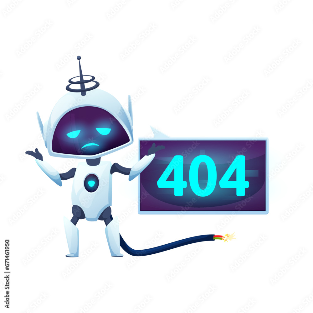 Leinwandbilder 404 page with cartoon screen and cat robot. Internet connection update problem warning, network fail construction message vector banner with cat robot futuristic character, error message on display