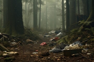 Trash in the forest. Concept of human pollution of nature.