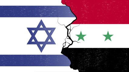 Syria –Israel proxy conflict with flags and cracked texture