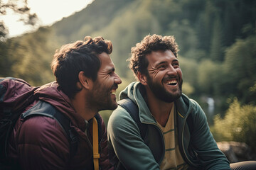 Two caucasian tourist travelling around the world. Two happy young male friends enjoying a vacation in the countryside. People travel and work remotely. Travel people, hikers on top of mountain