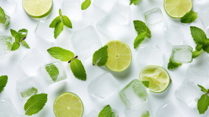 Ice cubes with lime and mint leaves.