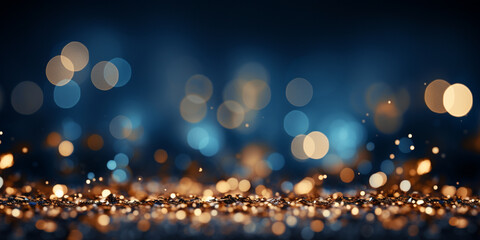 Festive magic gold flying glitter on Dark Blue Background with sparkles and New Year's bokeh for cards or wallpapers