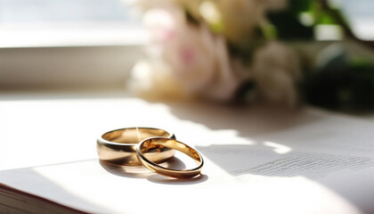 Two golden rings with contract for married concept. Happy long lasting marriage concept. bond with a contract Copy space