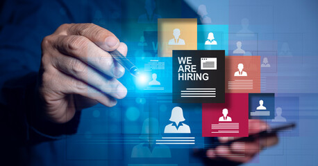 Job recruitment advertisement displayed by 'WE ARING' business people with text on a virtual screen showing employment positions to be shortlisted and filled.