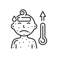 Sick child with chickenpox with high temperature and headache outline icon. Vector skin disease, itching rashes on skin of baby. Boy with measles
