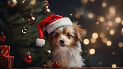 A dog in a santa hat by a Christmas tree.