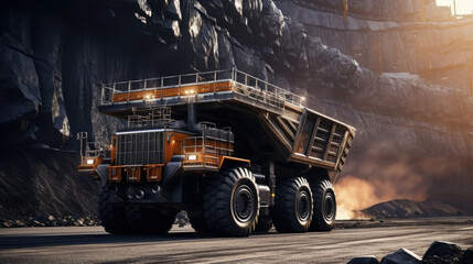 Large quarry dump truck. Big yellow mining truck at work site. Loading coal into body truck. Production useful minerals.