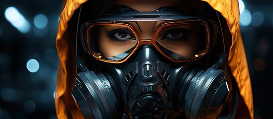 Fashion cyberpunk girl in leather hoodie jacket wears gas mask with protective glasses - obrazy, fototapety, plakaty